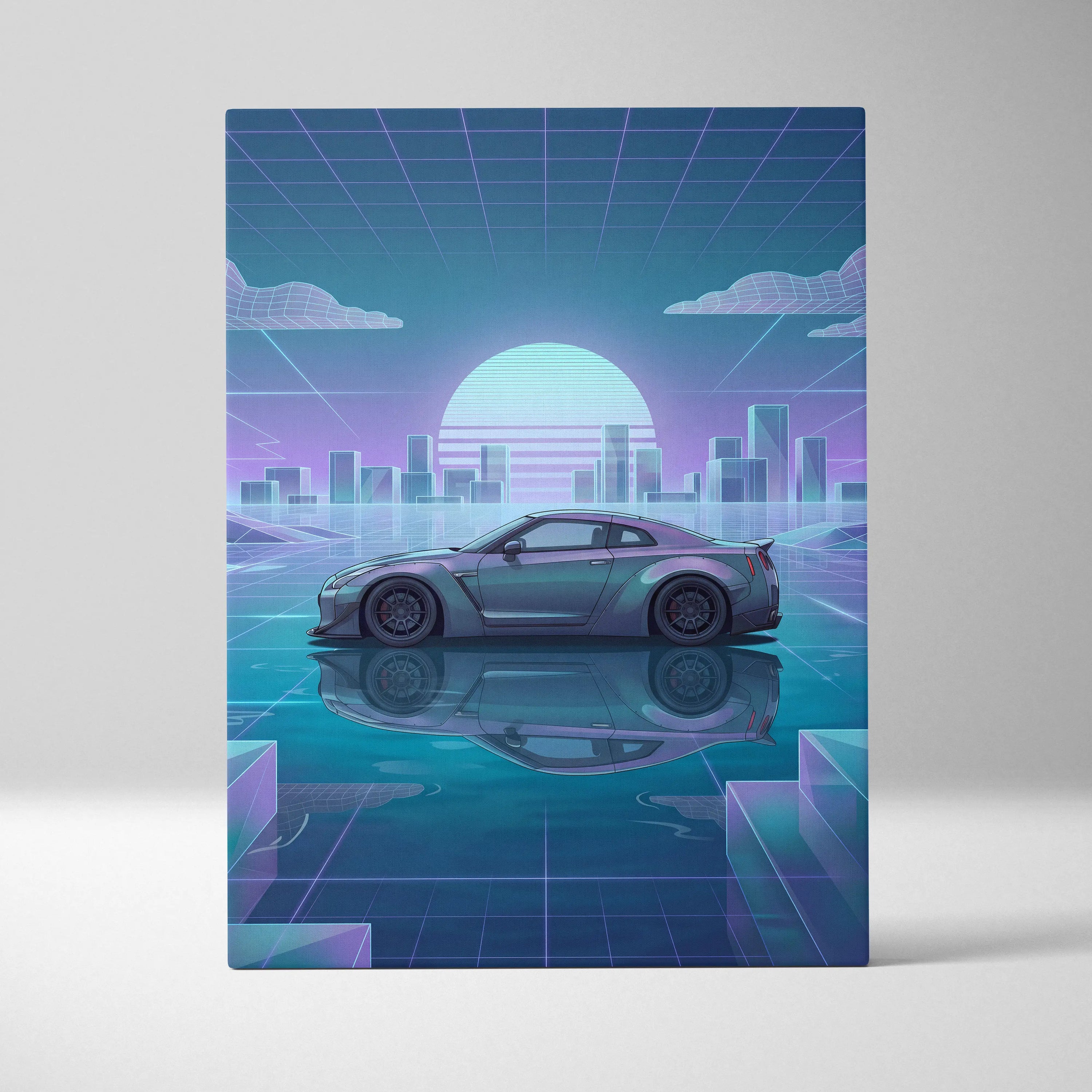 Nissan GT-R R35 Inspired Silver Teal Canvas Wall Art, Pastel Vaporwave JDM Supercar Artwork for Futuristic Garage Decor