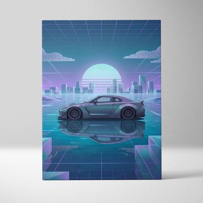 Nissan GT-R R35 Inspired Silver Teal Canvas Wall Art, Pastel Vaporwave JDM Supercar Artwork for Futuristic Garage Decor