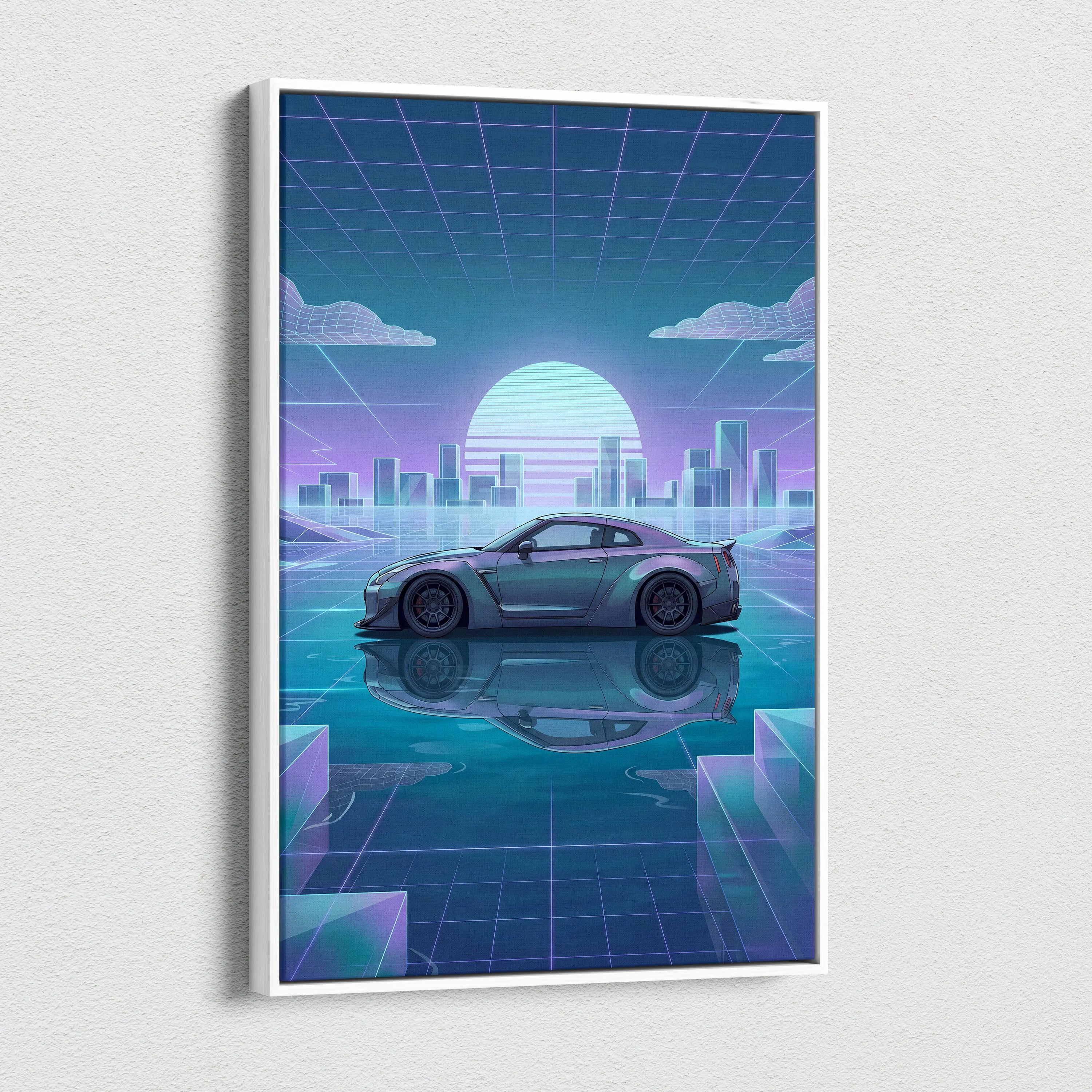 Nissan GT-R R35 Inspired Silver Teal Canvas Wall Art, Pastel Vaporwave JDM Supercar Artwork for Futuristic Garage Decor