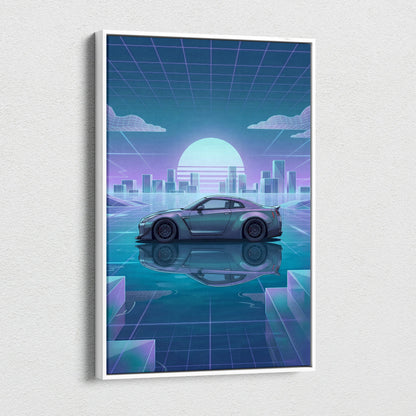 Nissan GT-R R35 Inspired Silver Teal Canvas Wall Art, Pastel Vaporwave JDM Supercar Artwork for Futuristic Garage Decor