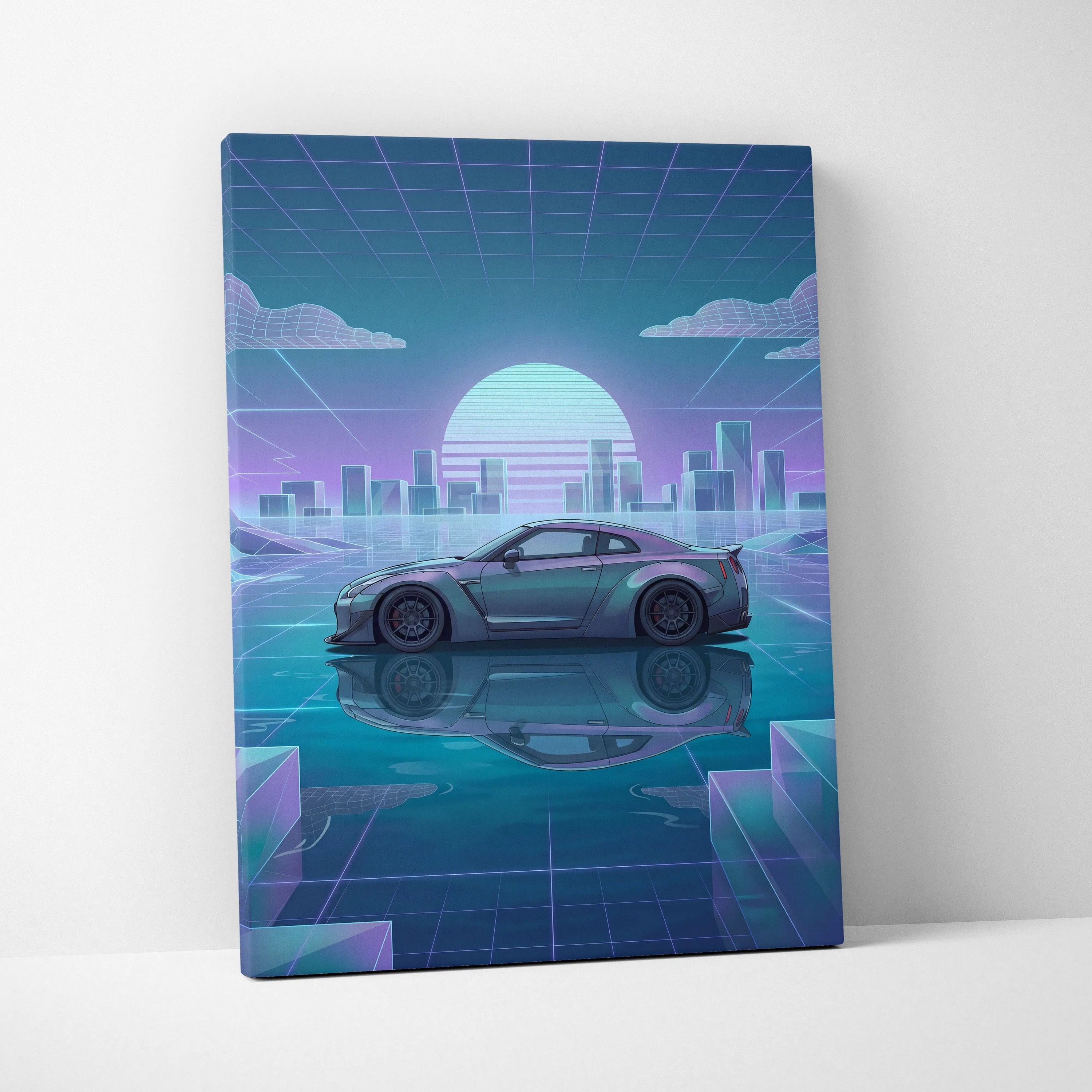Nissan GT-R R35 Inspired Silver Teal Canvas Wall Art, Pastel Vaporwave JDM Supercar Artwork for Futuristic Garage Decor