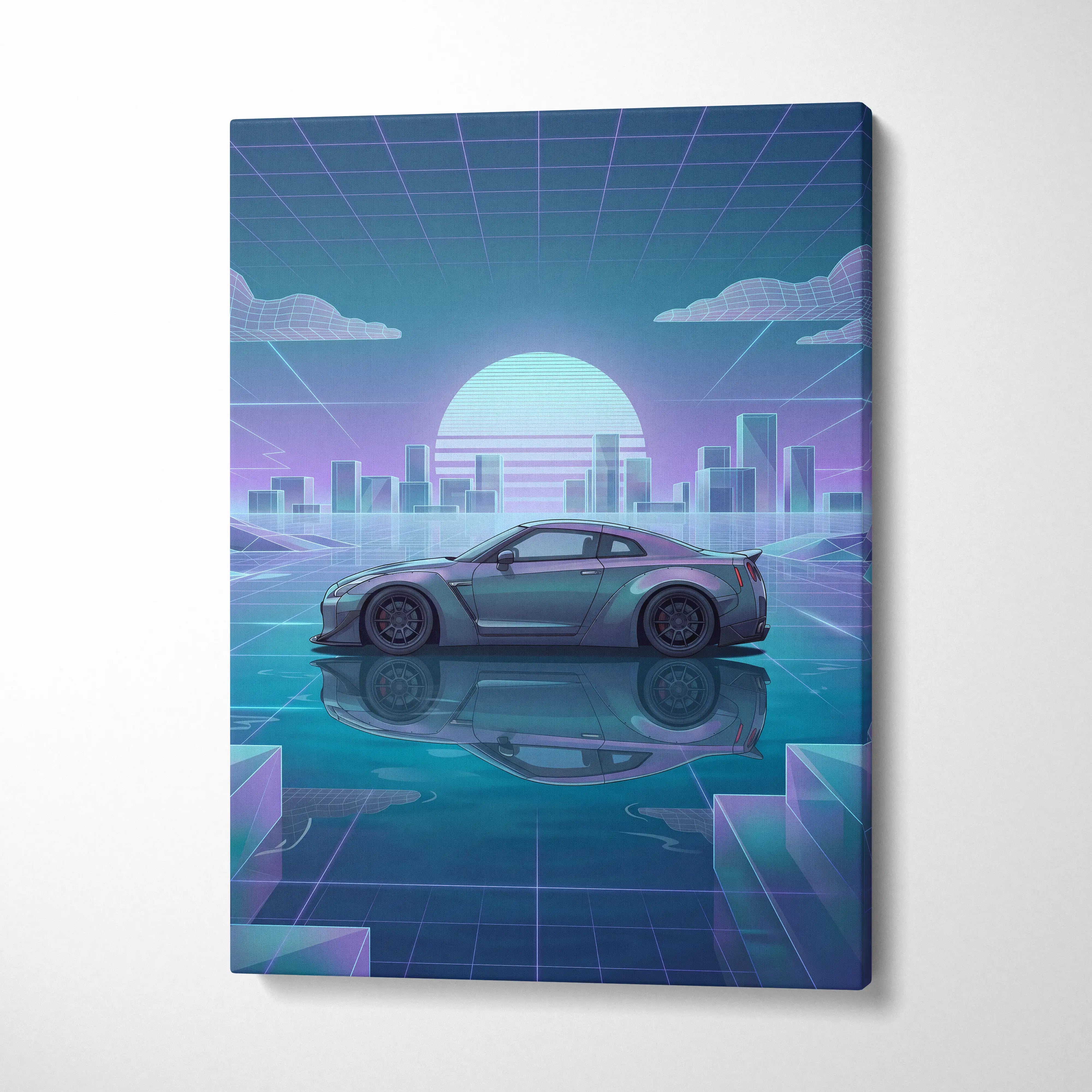 Nissan GT-R R35 Inspired Silver Teal Canvas Wall Art, Pastel Vaporwave JDM Supercar Artwork for Futuristic Garage Decor