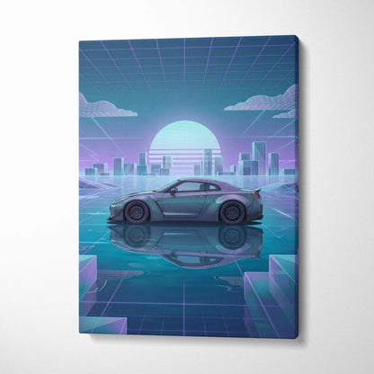 Nissan GT-R R35 Inspired Silver Teal Canvas Wall Art, Pastel Vaporwave JDM Supercar Artwork for Futuristic Garage Decor