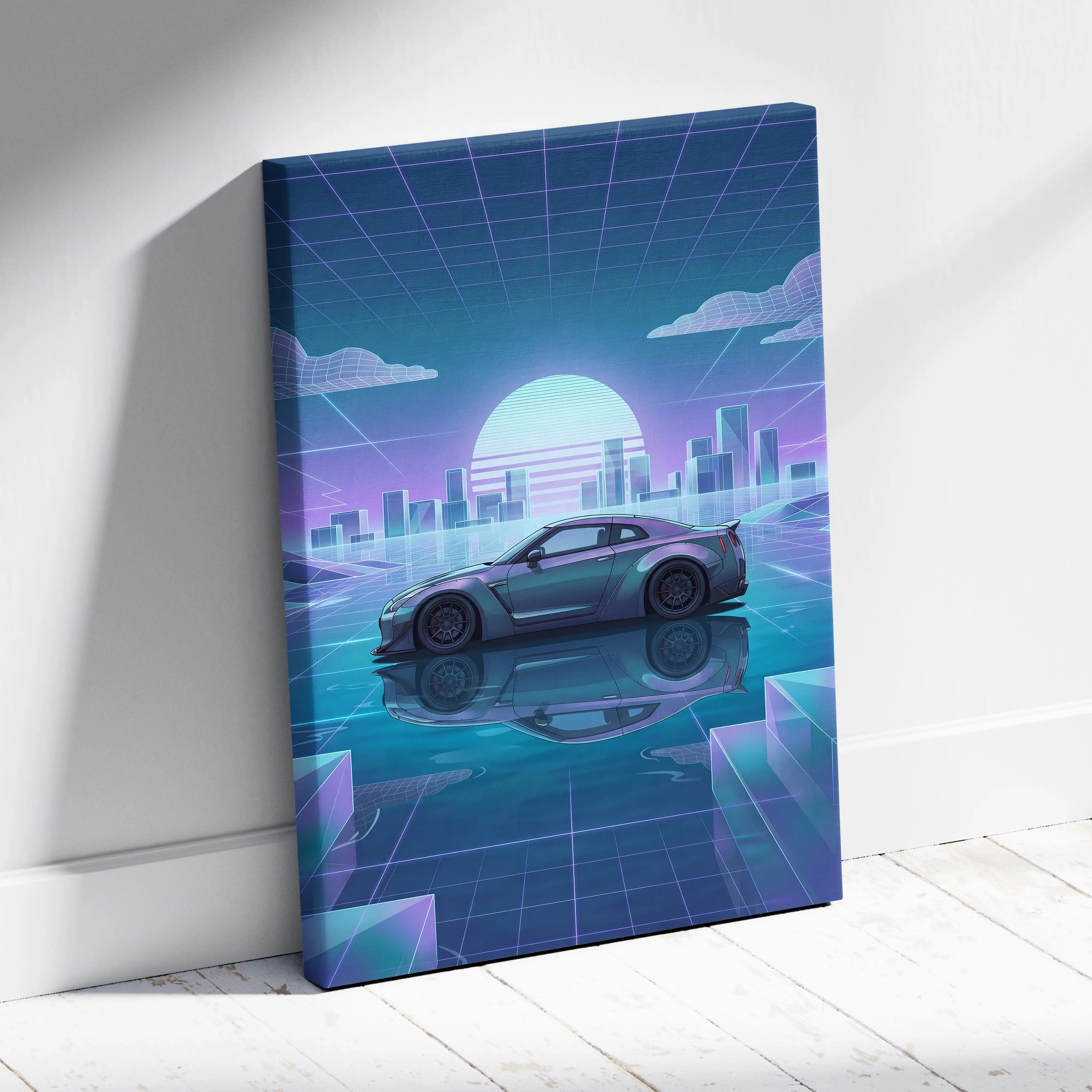 Nissan GT-R R35 Inspired Silver Teal Canvas Wall Art, Pastel Vaporwave JDM Supercar Artwork for Futuristic Garage Decor