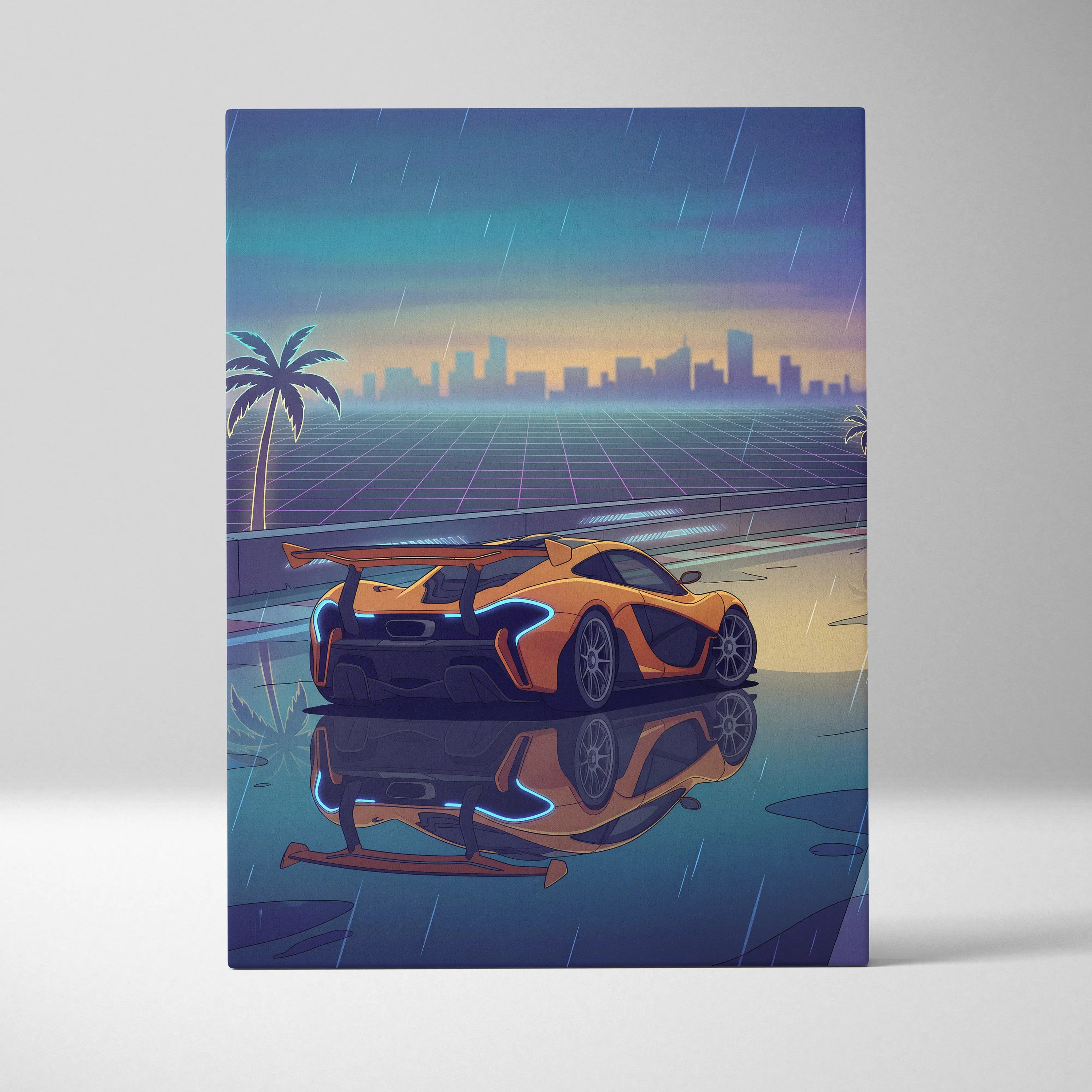 McLaren P1 GTR Inspired Orange Blue Canvas Wall Art, Vaporwave Hypercar Artwork, Neon Rain City Decor, Retro Futuristic Motorsport Print