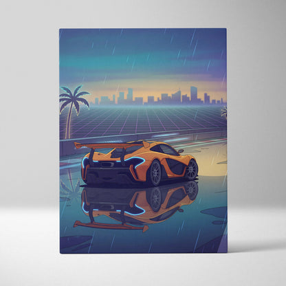McLaren P1 GTR Inspired Orange Blue Canvas Wall Art, Vaporwave Hypercar Artwork, Neon Rain City Decor, Retro Futuristic Motorsport Print