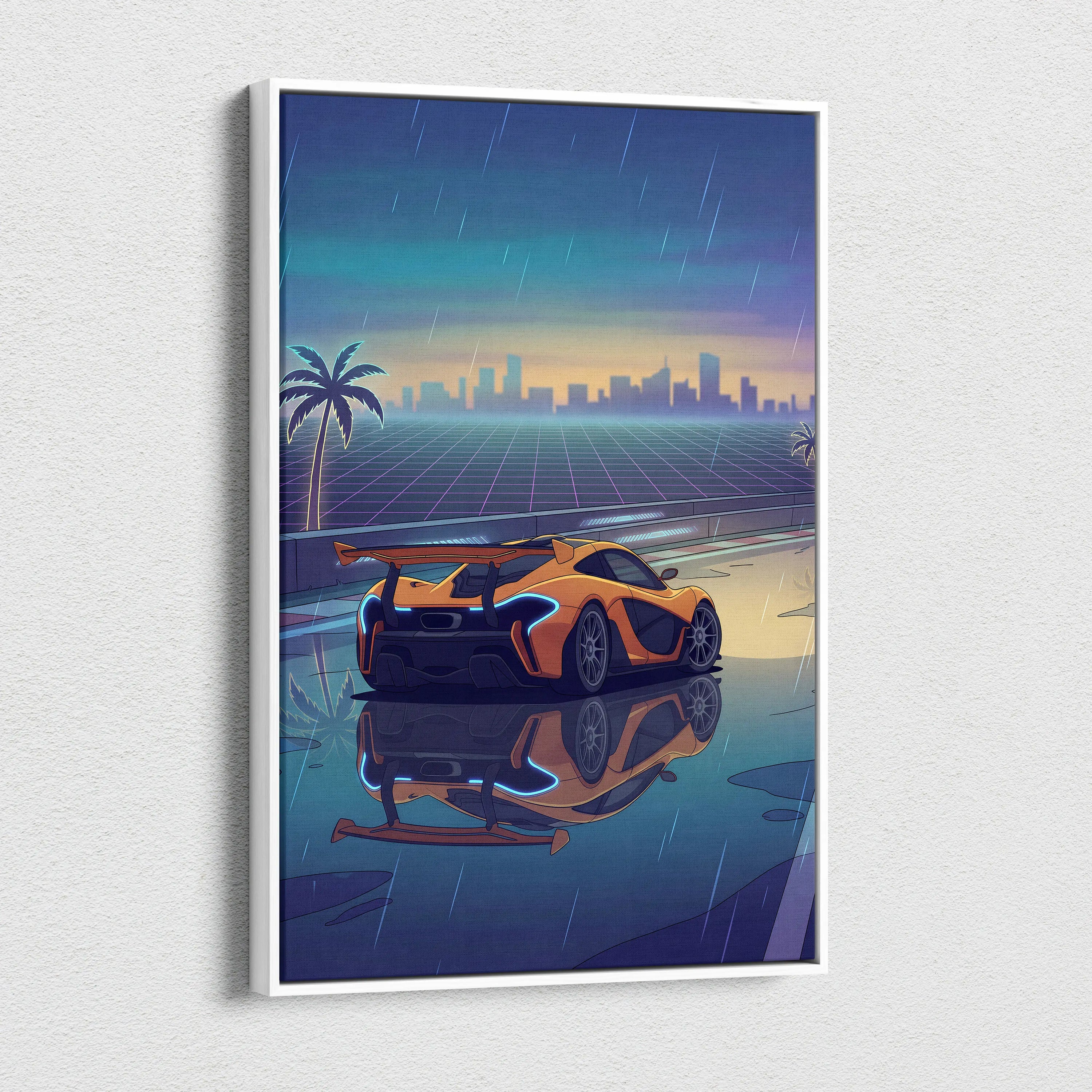 McLaren P1 GTR Inspired Orange Blue Canvas Wall Art, Vaporwave Hypercar Artwork, Neon Rain City Decor, Retro Futuristic Motorsport Print