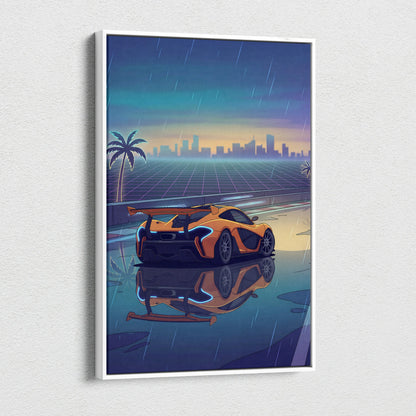 McLaren P1 GTR Inspired Orange Blue Canvas Wall Art, Vaporwave Hypercar Artwork, Neon Rain City Decor, Retro Futuristic Motorsport Print