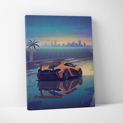 McLaren P1 GTR Inspired Orange Blue Canvas Wall Art, Vaporwave Hypercar Artwork, Neon Rain City Decor, Retro Futuristic Motorsport Print