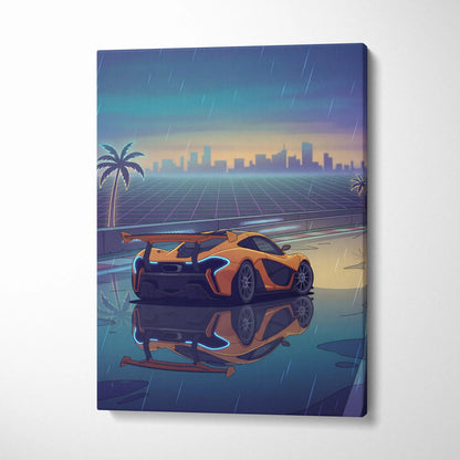 McLaren P1 GTR Inspired Orange Blue Canvas Wall Art, Vaporwave Hypercar Artwork, Neon Rain City Decor, Retro Futuristic Motorsport Print