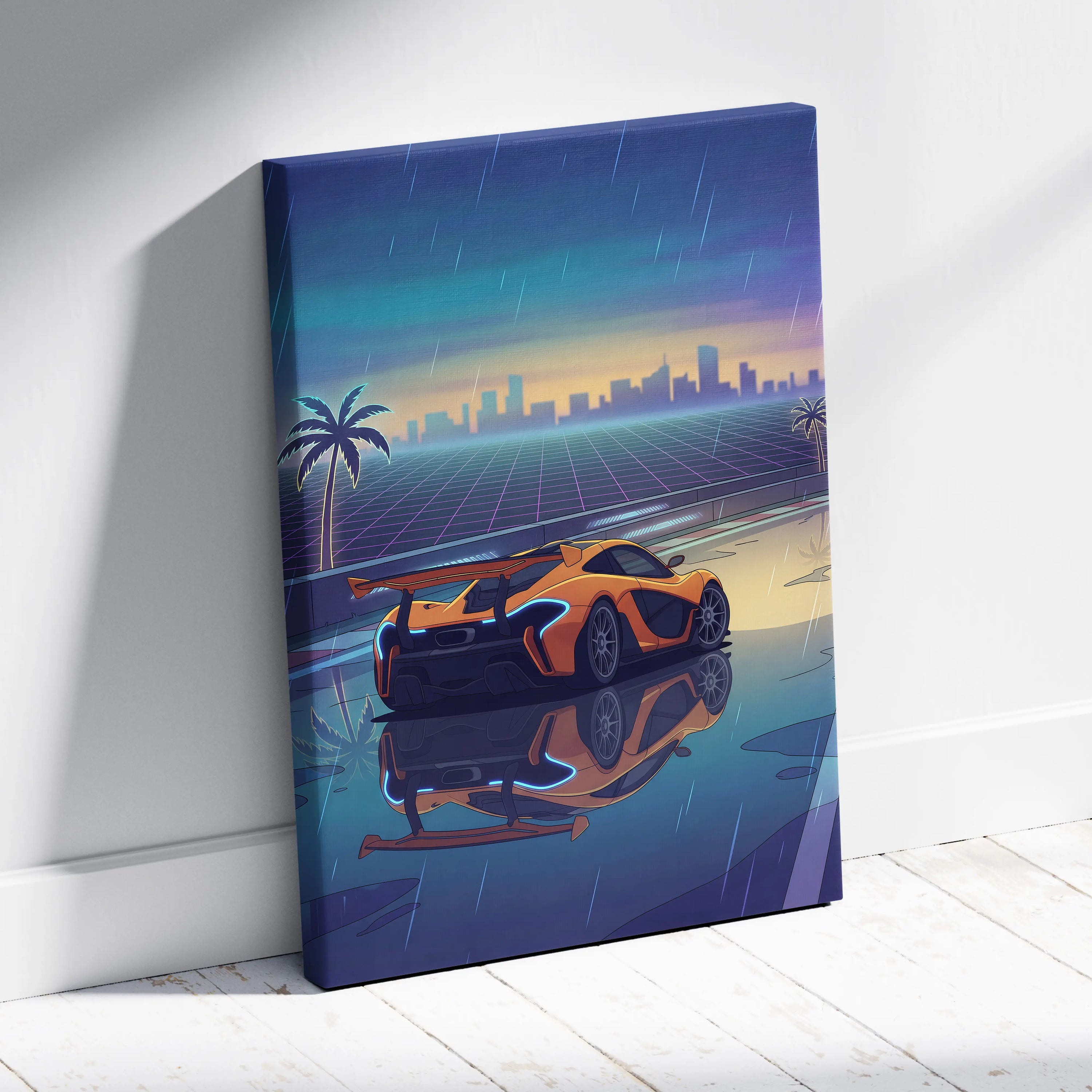 McLaren P1 GTR Inspired Orange Blue Canvas Wall Art, Vaporwave Hypercar Artwork, Neon Rain City Decor, Retro Futuristic Motorsport Print