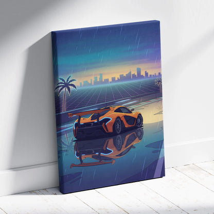 McLaren P1 GTR Inspired Orange Blue Canvas Wall Art, Vaporwave Hypercar Artwork, Neon Rain City Decor, Retro Futuristic Motorsport Print