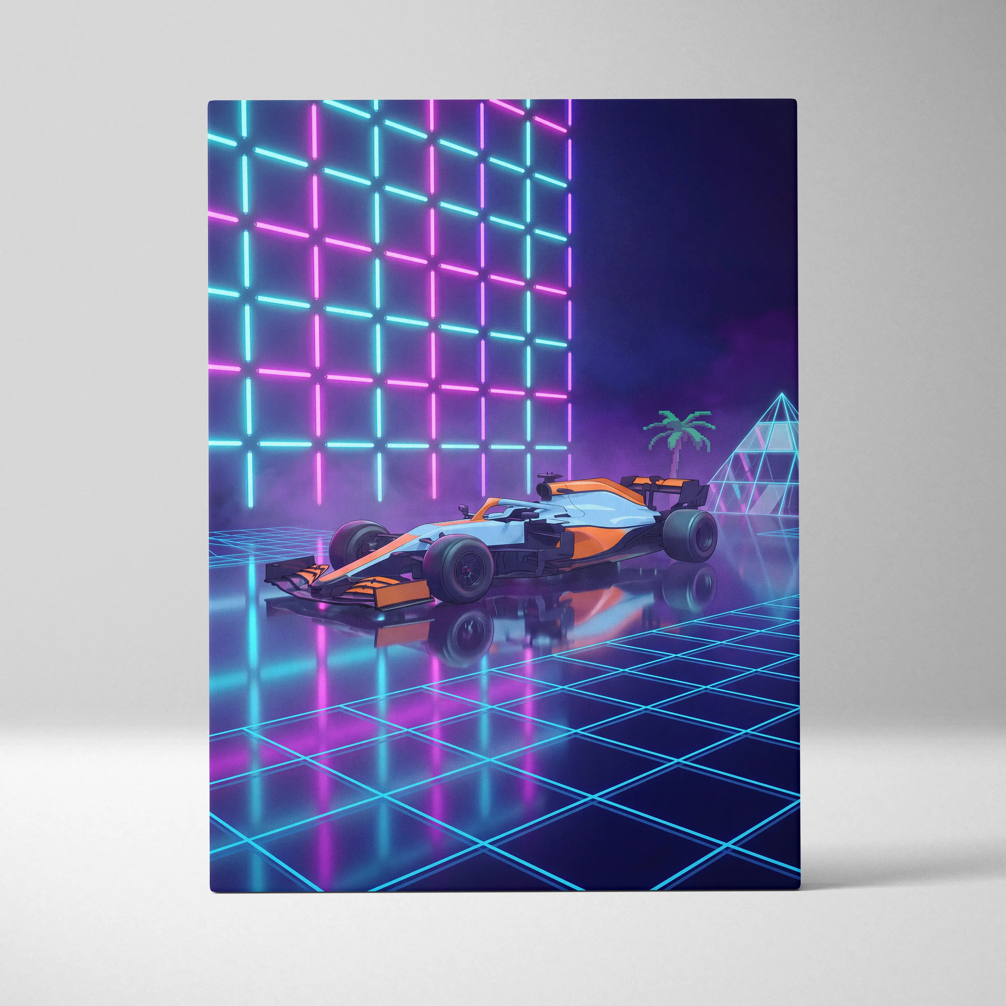 Formula 1 Car Inspired Orange Blue Canvas Wall Art, Vaporwave Race Car Artwork, Neon Grid Garage Decor, Retro Futuristic Motorsport Print