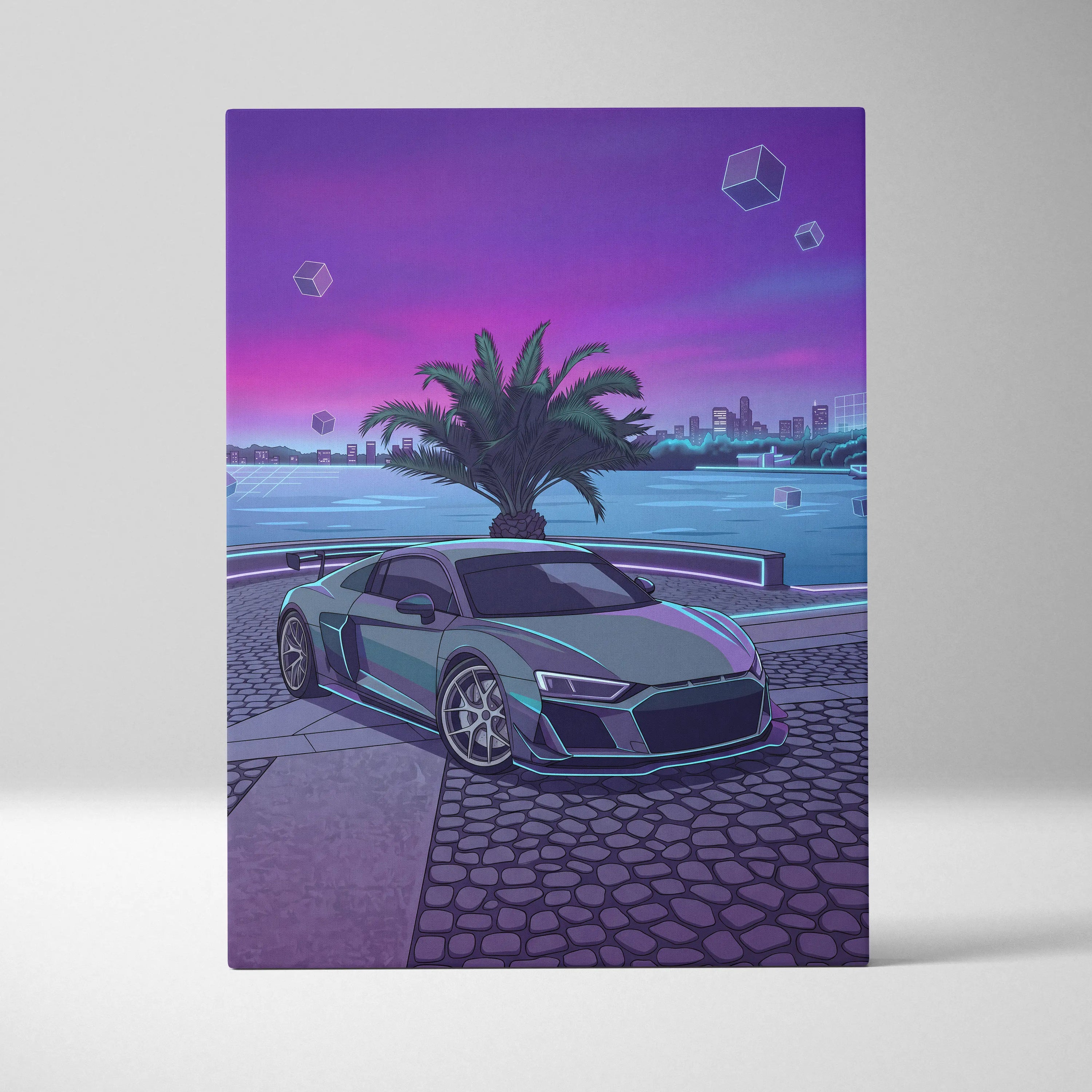 Audi R8 Inspired Gray Purple Canvas Wall Art, Vaporwave Supercar Artwork, Neon Palm City Decor, Retro Futuristic Exotic Print