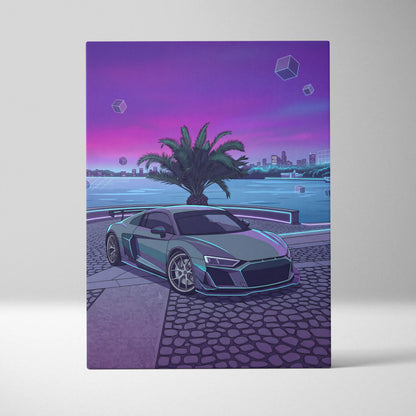 Audi R8 Inspired Gray Purple Canvas Wall Art, Vaporwave Supercar Artwork, Neon Palm City Decor, Retro Futuristic Exotic Print