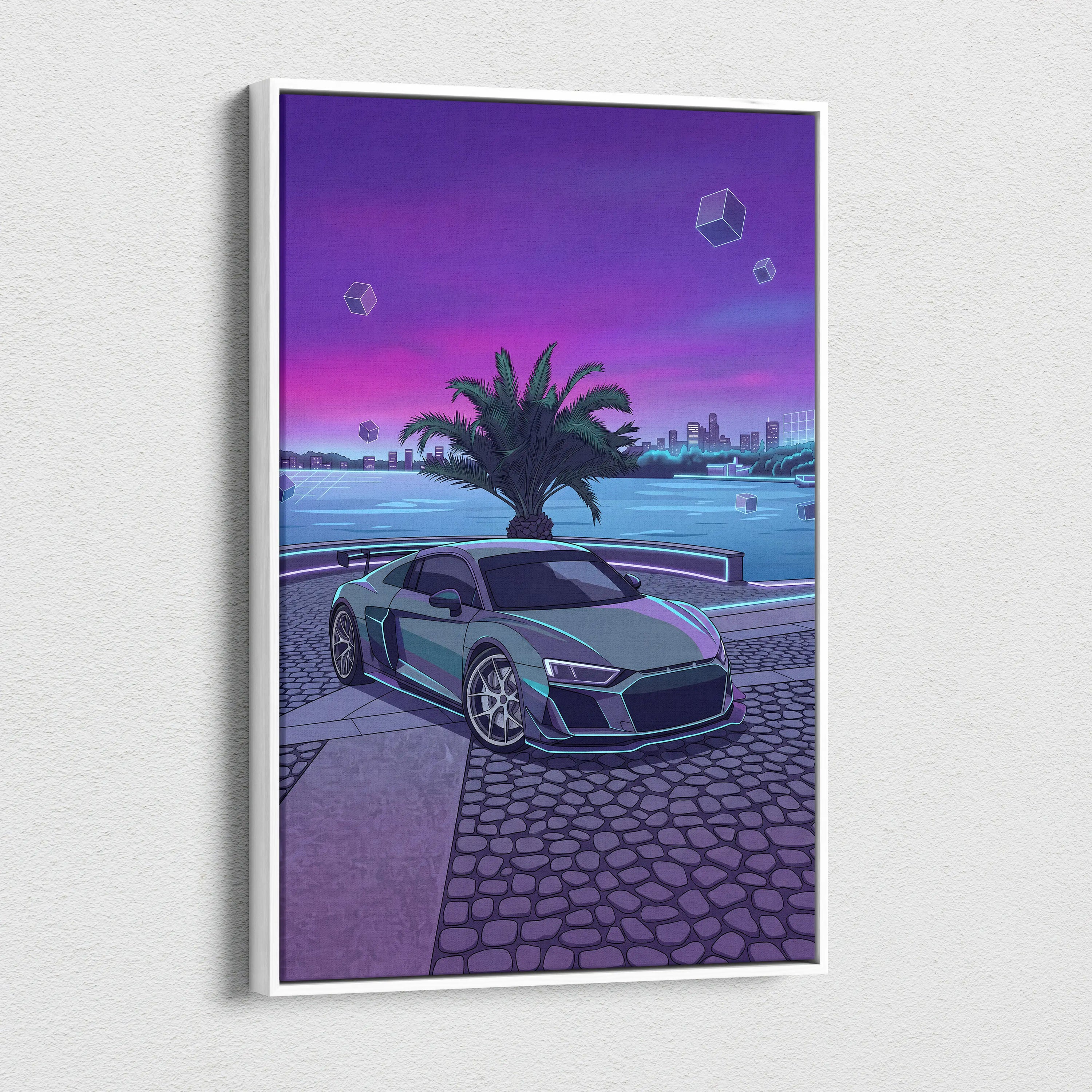Audi R8 Inspired Gray Purple Canvas Wall Art, Vaporwave Supercar Artwork, Neon Palm City Decor, Retro Futuristic Exotic Print