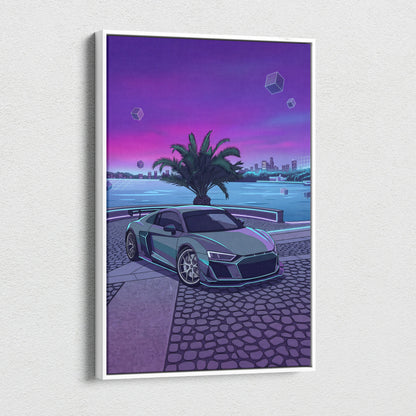 Audi R8 Inspired Gray Purple Canvas Wall Art, Vaporwave Supercar Artwork, Neon Palm City Decor, Retro Futuristic Exotic Print