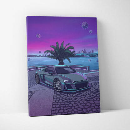 Audi R8 Inspired Gray Purple Canvas Wall Art, Vaporwave Supercar Artwork, Neon Palm City Decor, Retro Futuristic Exotic Print