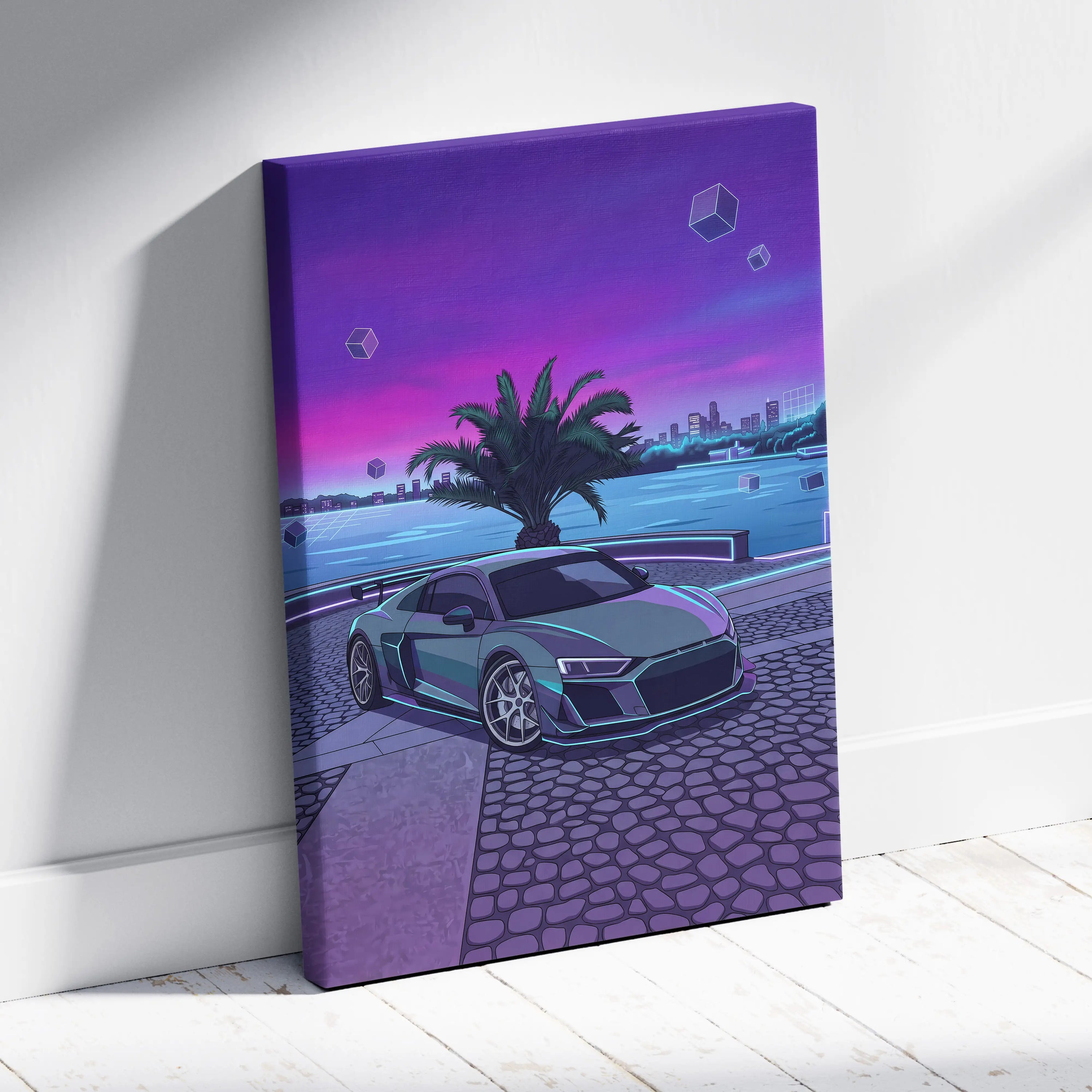 Audi R8 Inspired Gray Purple Canvas Wall Art, Vaporwave Supercar Artwork, Neon Palm City Decor, Retro Futuristic Exotic Print
