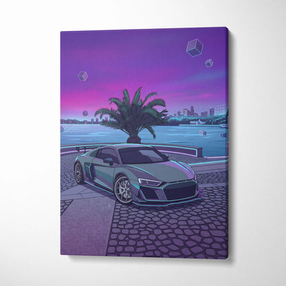 Audi R8 Inspired Gray Purple Canvas Wall Art, Vaporwave Supercar Artwork, Neon Palm City Decor, Retro Futuristic Exotic Print