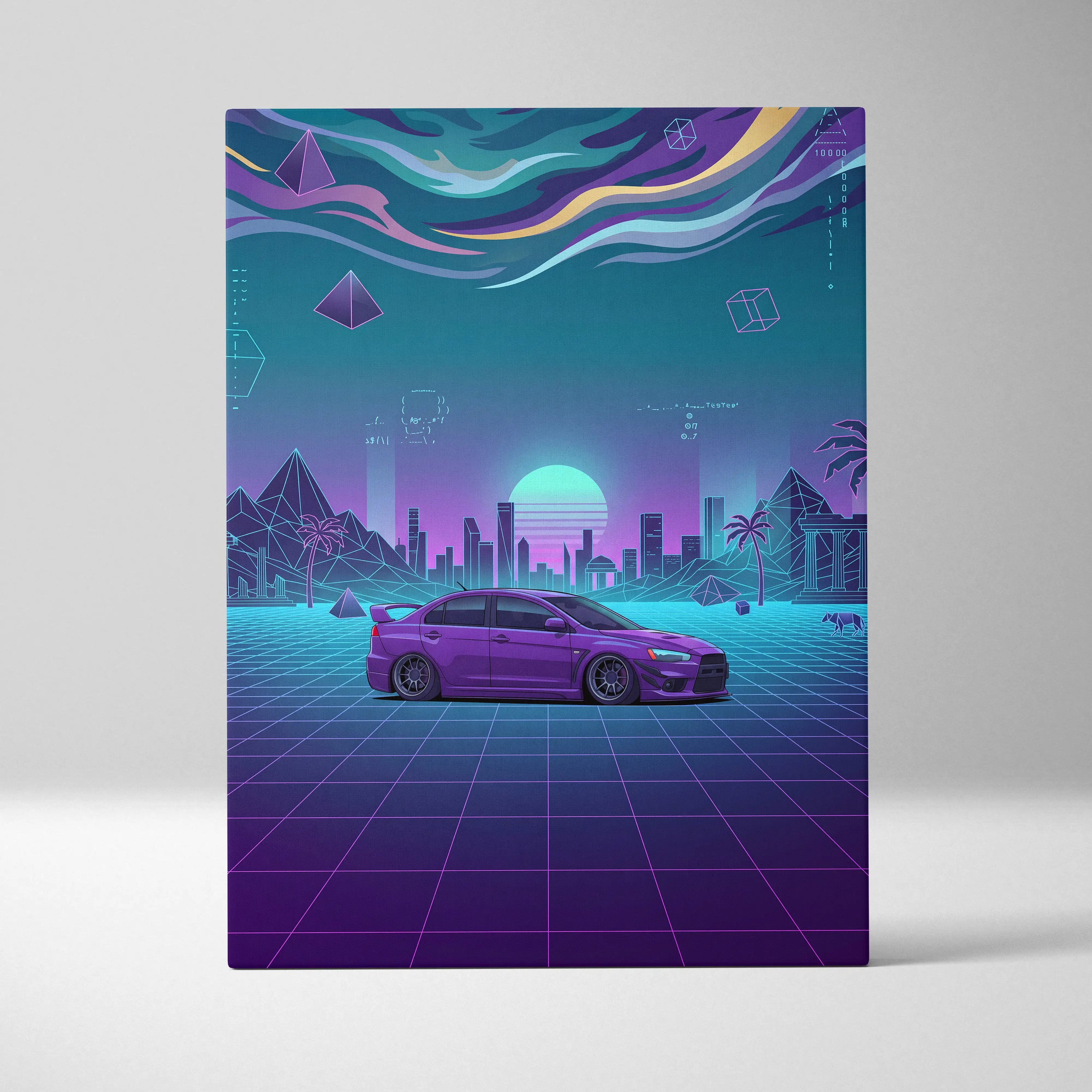 Mitsubishi Lancer Evolution X Inspired Purple Teal Canvas Wall Art, Neon Vaporwave JDM Sedan Artwork for Garage Decor