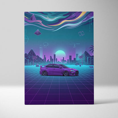 Mitsubishi Lancer Evolution X Inspired Purple Teal Canvas Wall Art, Neon Vaporwave JDM Sedan Artwork for Garage Decor
