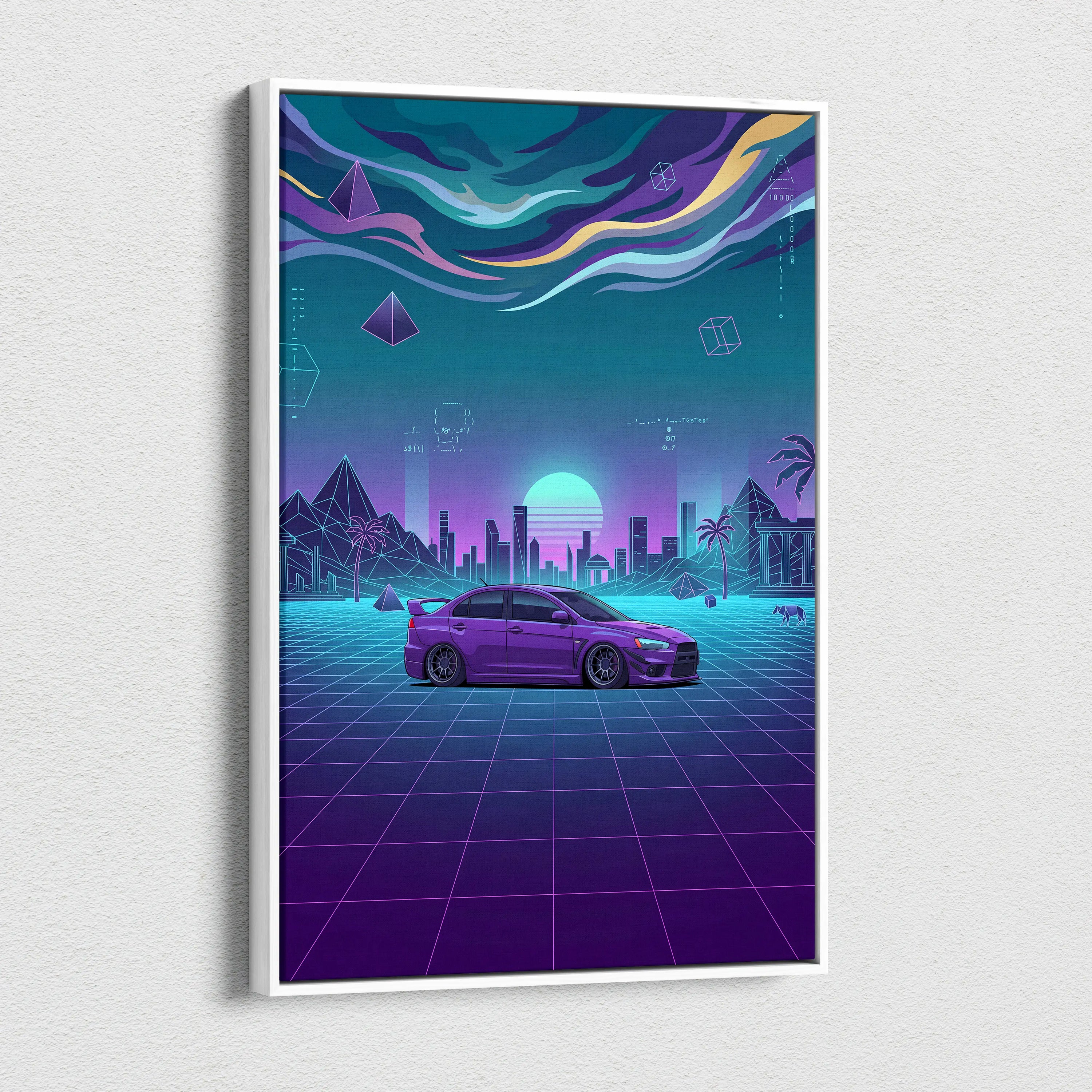 Mitsubishi Lancer Evolution X Inspired Purple Teal Canvas Wall Art, Neon Vaporwave JDM Sedan Artwork for Garage Decor