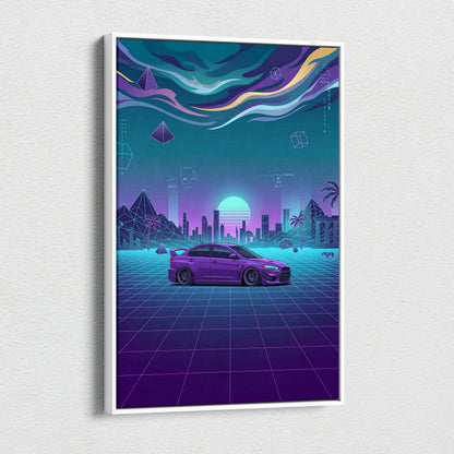 Mitsubishi Lancer Evolution X Inspired Purple Teal Canvas Wall Art, Neon Vaporwave JDM Sedan Artwork for Garage Decor