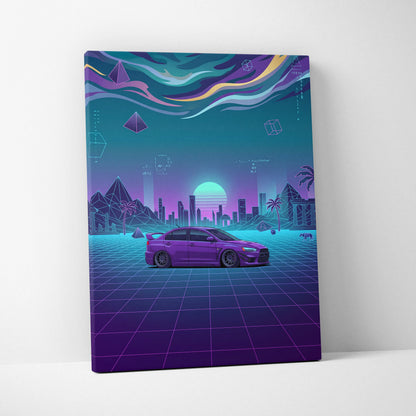 Mitsubishi Lancer Evolution X Inspired Purple Teal Canvas Wall Art, Neon Vaporwave JDM Sedan Artwork for Garage Decor