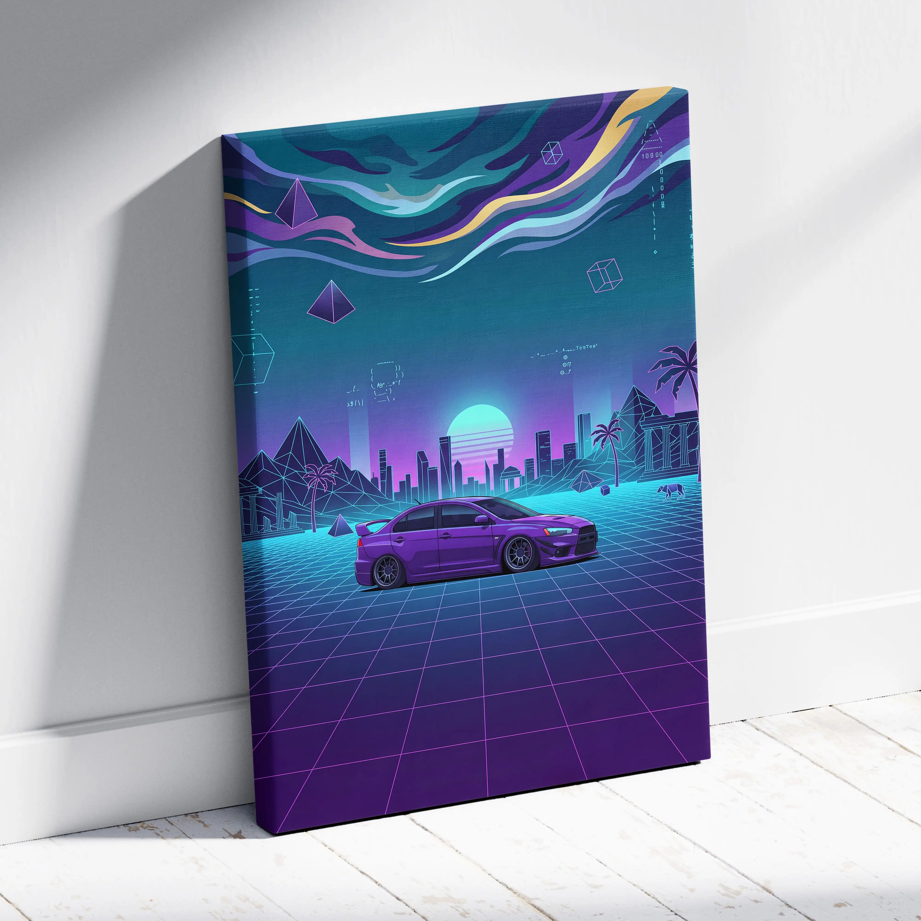 Mitsubishi Lancer Evolution X Inspired Purple Teal Canvas Wall Art, Neon Vaporwave JDM Sedan Artwork for Garage Decor