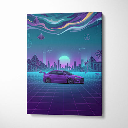 Mitsubishi Lancer Evolution X Inspired Purple Teal Canvas Wall Art, Neon Vaporwave JDM Sedan Artwork for Garage Decor