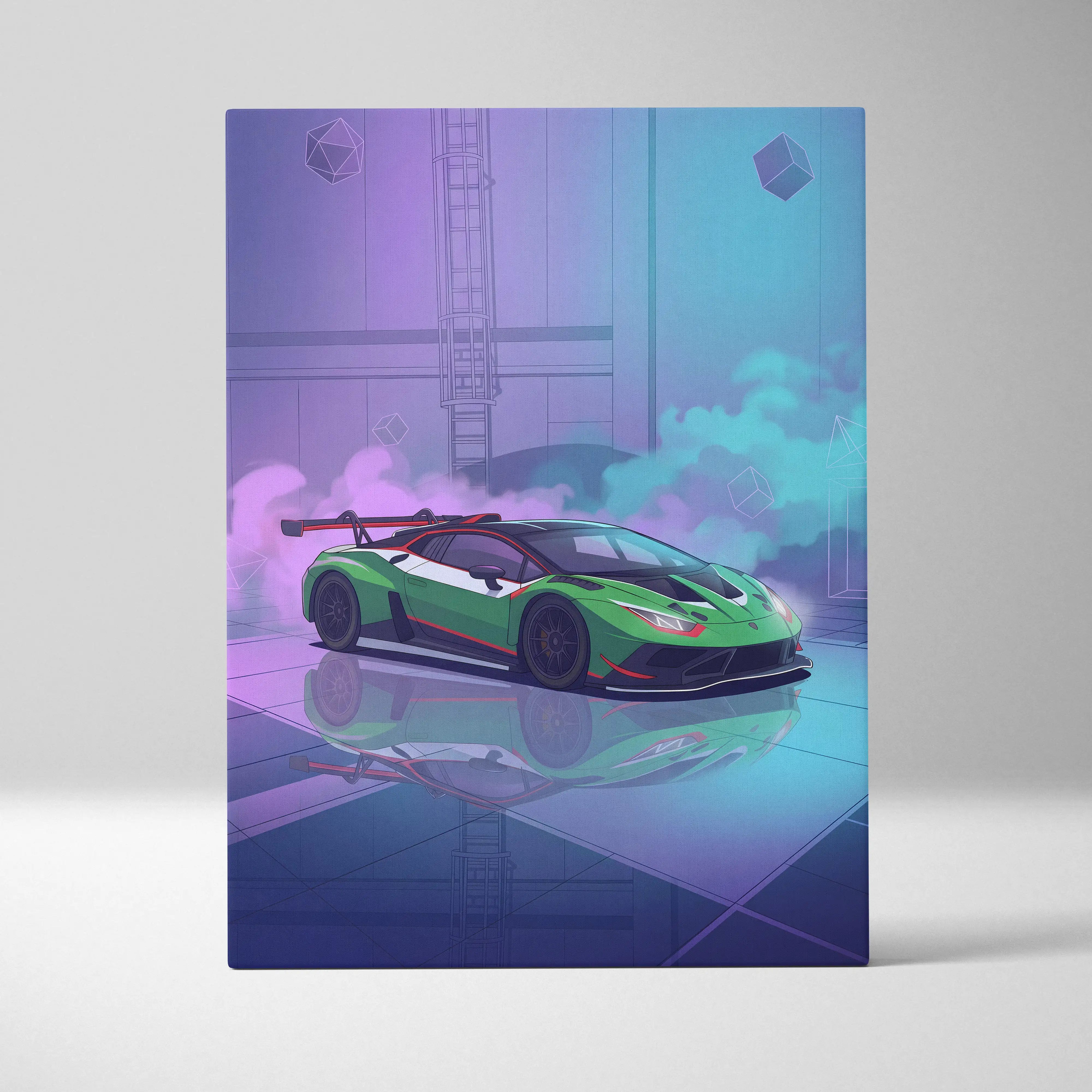 Lamborghini Huracan GT3 Inspired Green Purple Canvas Wall Art, Neon Vaporwave Supercar Artwork for Modern Garage Decor