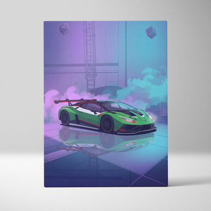 Lamborghini Huracan GT3 Inspired Green Purple Canvas Wall Art, Neon Vaporwave Supercar Artwork for Modern Garage Decor