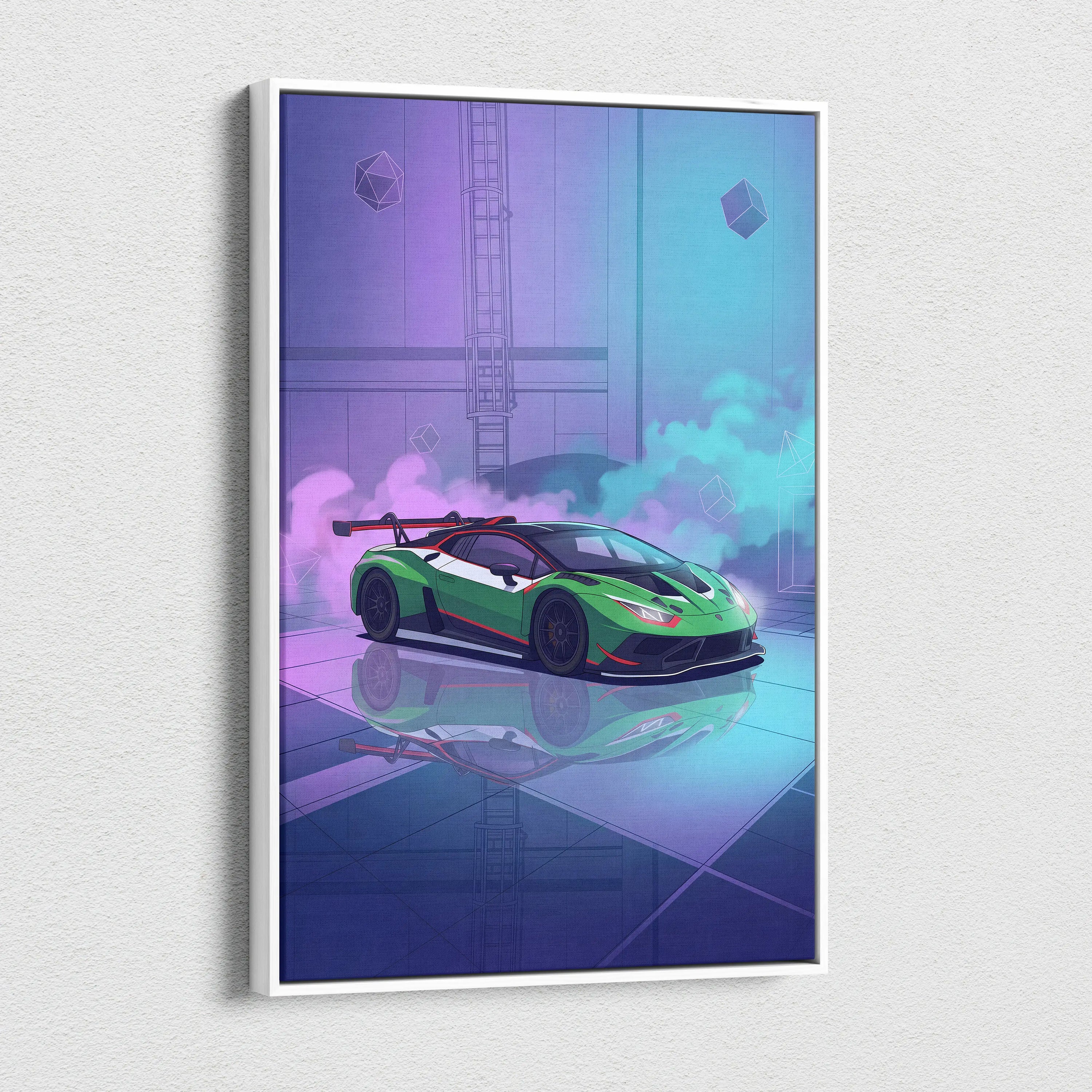 Lamborghini Huracan GT3 Inspired Green Purple Canvas Wall Art, Neon Vaporwave Supercar Artwork for Modern Garage Decor