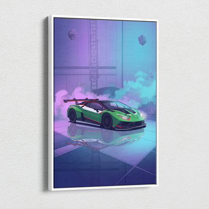 Lamborghini Huracan GT3 Inspired Green Purple Canvas Wall Art, Neon Vaporwave Supercar Artwork for Modern Garage Decor