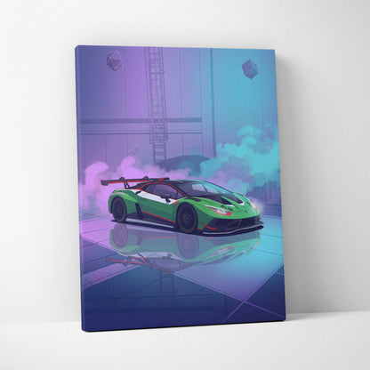 Lamborghini Huracan GT3 Inspired Green Purple Canvas Wall Art, Neon Vaporwave Supercar Artwork for Modern Garage Decor