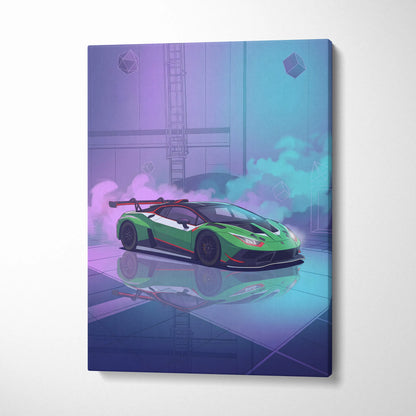 Lamborghini Huracan GT3 Inspired Green Purple Canvas Wall Art, Neon Vaporwave Supercar Artwork for Modern Garage Decor