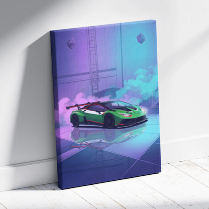 Lamborghini Huracan GT3 Inspired Green Purple Canvas Wall Art, Neon Vaporwave Supercar Artwork for Modern Garage Decor