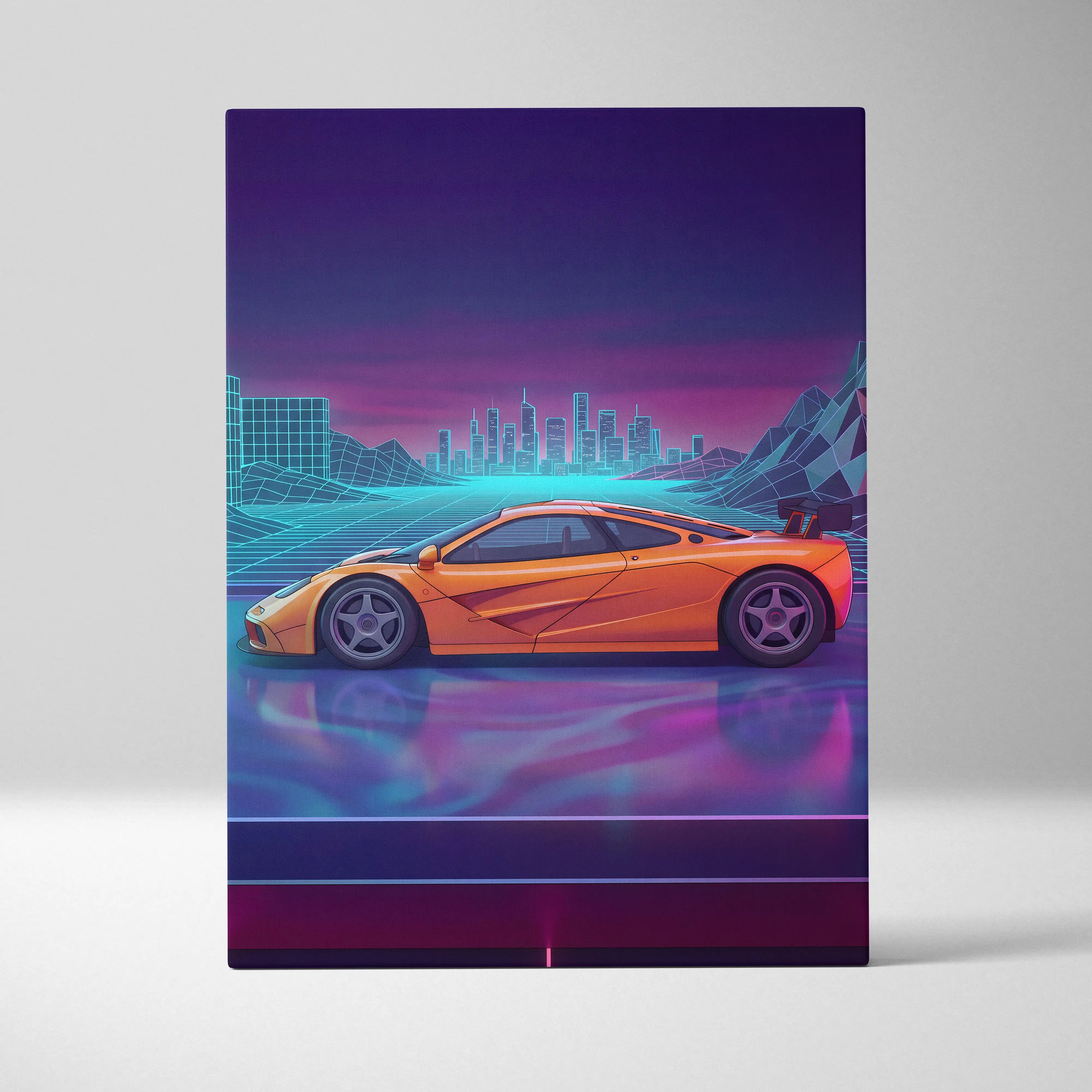 McLaren F1 Inspired Orange Purple Canvas Wall Art, Vaporwave Hypercar Artwork, Neon City Garage Decor, Retro Futuristic Exotic Print