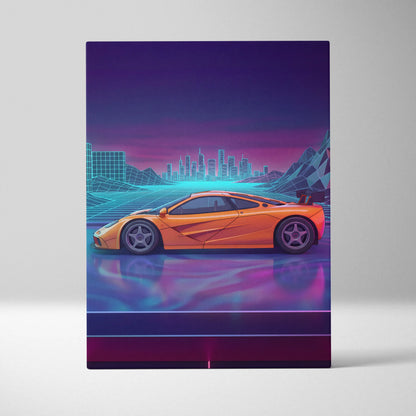 McLaren F1 Inspired Orange Purple Canvas Wall Art, Vaporwave Hypercar Artwork, Neon City Garage Decor, Retro Futuristic Exotic Print