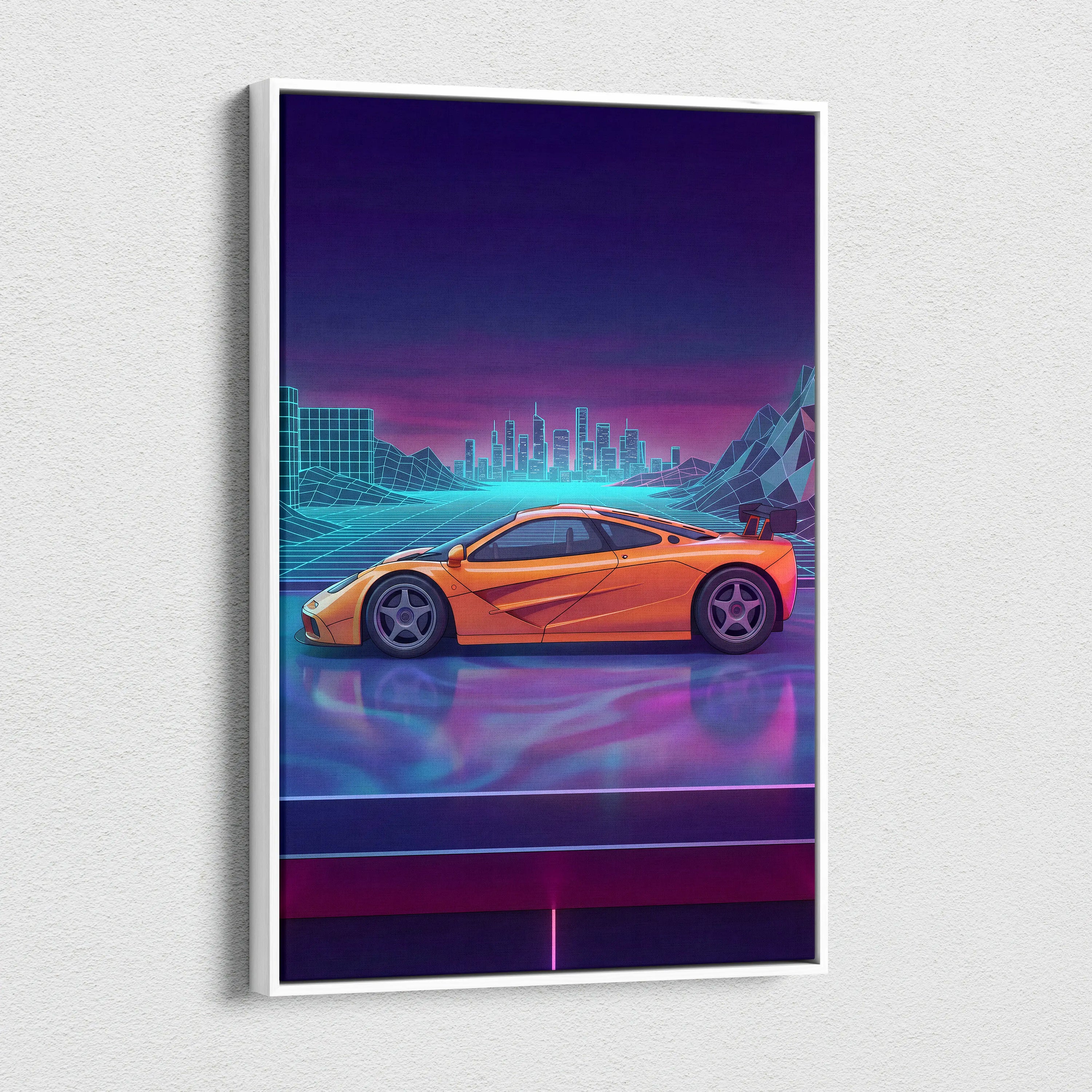 McLaren F1 Inspired Orange Purple Canvas Wall Art, Vaporwave Hypercar Artwork, Neon City Garage Decor, Retro Futuristic Exotic Print