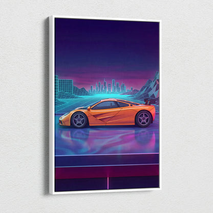 McLaren F1 Inspired Orange Purple Canvas Wall Art, Vaporwave Hypercar Artwork, Neon City Garage Decor, Retro Futuristic Exotic Print