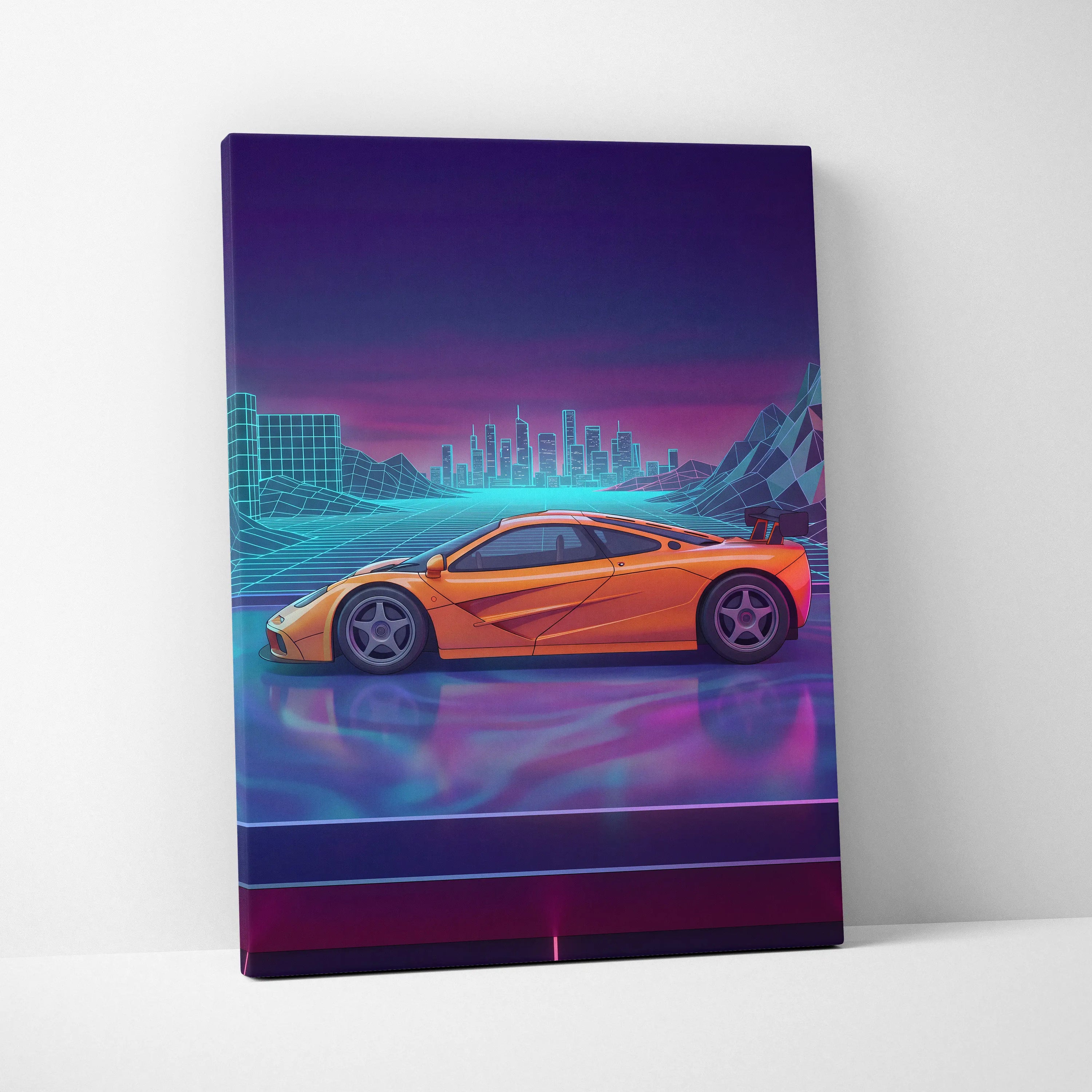 McLaren F1 Inspired Orange Purple Canvas Wall Art, Vaporwave Hypercar Artwork, Neon City Garage Decor, Retro Futuristic Exotic Print
