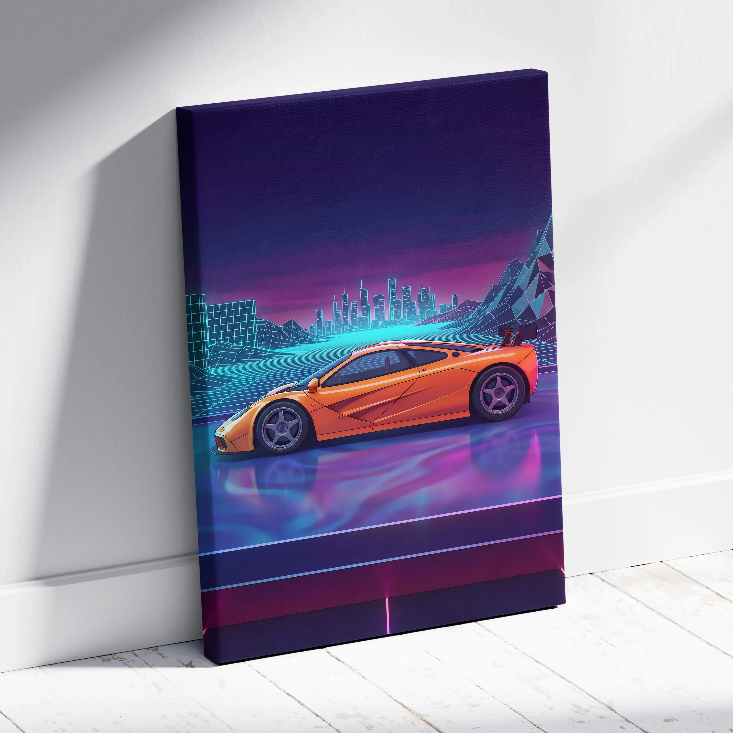McLaren F1 Inspired Orange Purple Canvas Wall Art, Vaporwave Hypercar Artwork, Neon City Garage Decor, Retro Futuristic Exotic Print