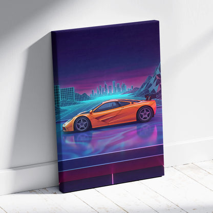 McLaren F1 Inspired Orange Purple Canvas Wall Art, Vaporwave Hypercar Artwork, Neon City Garage Decor, Retro Futuristic Exotic Print