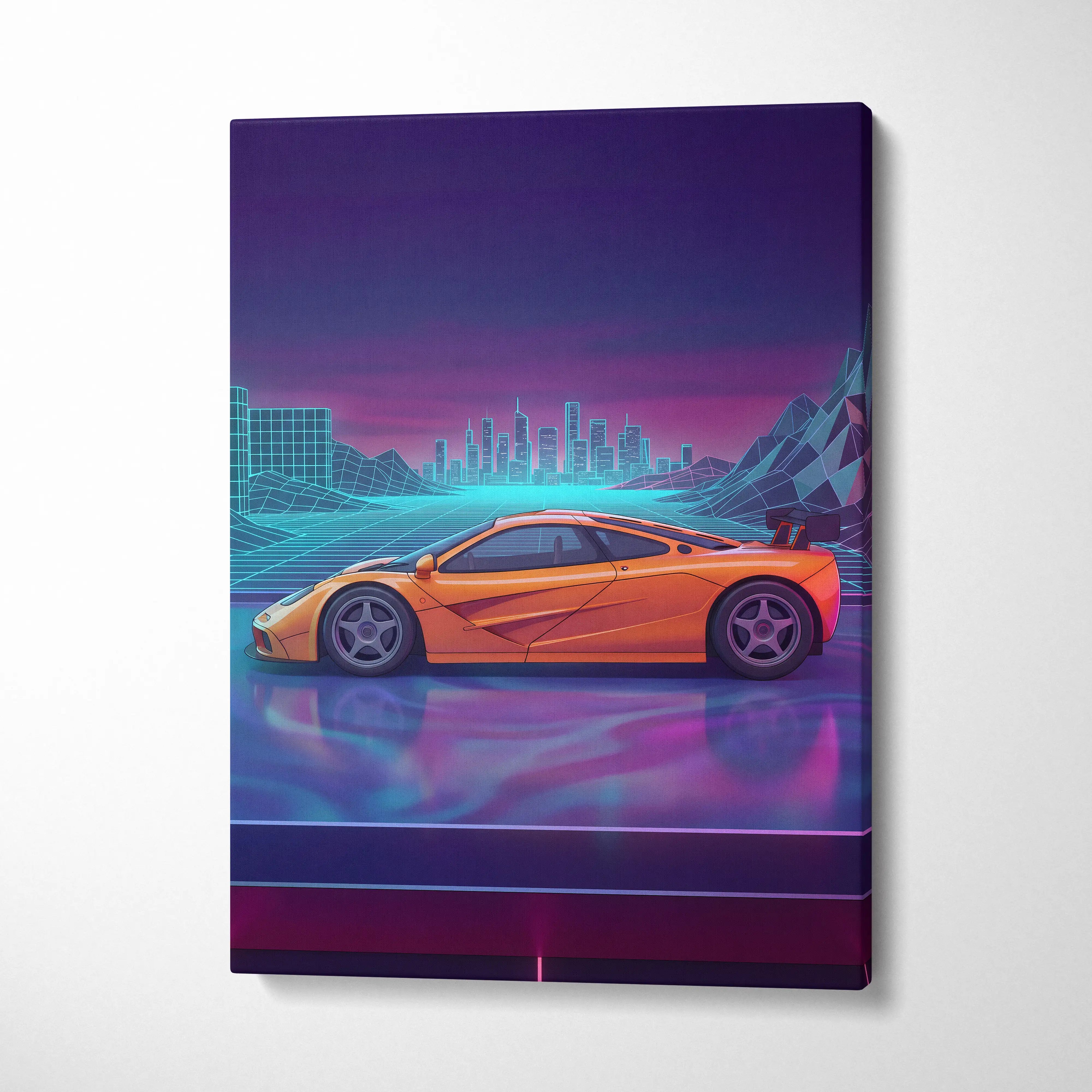 McLaren F1 Inspired Orange Purple Canvas Wall Art, Vaporwave Hypercar Artwork, Neon City Garage Decor, Retro Futuristic Exotic Print