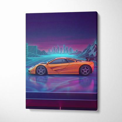 McLaren F1 Inspired Orange Purple Canvas Wall Art, Vaporwave Hypercar Artwork, Neon City Garage Decor, Retro Futuristic Exotic Print