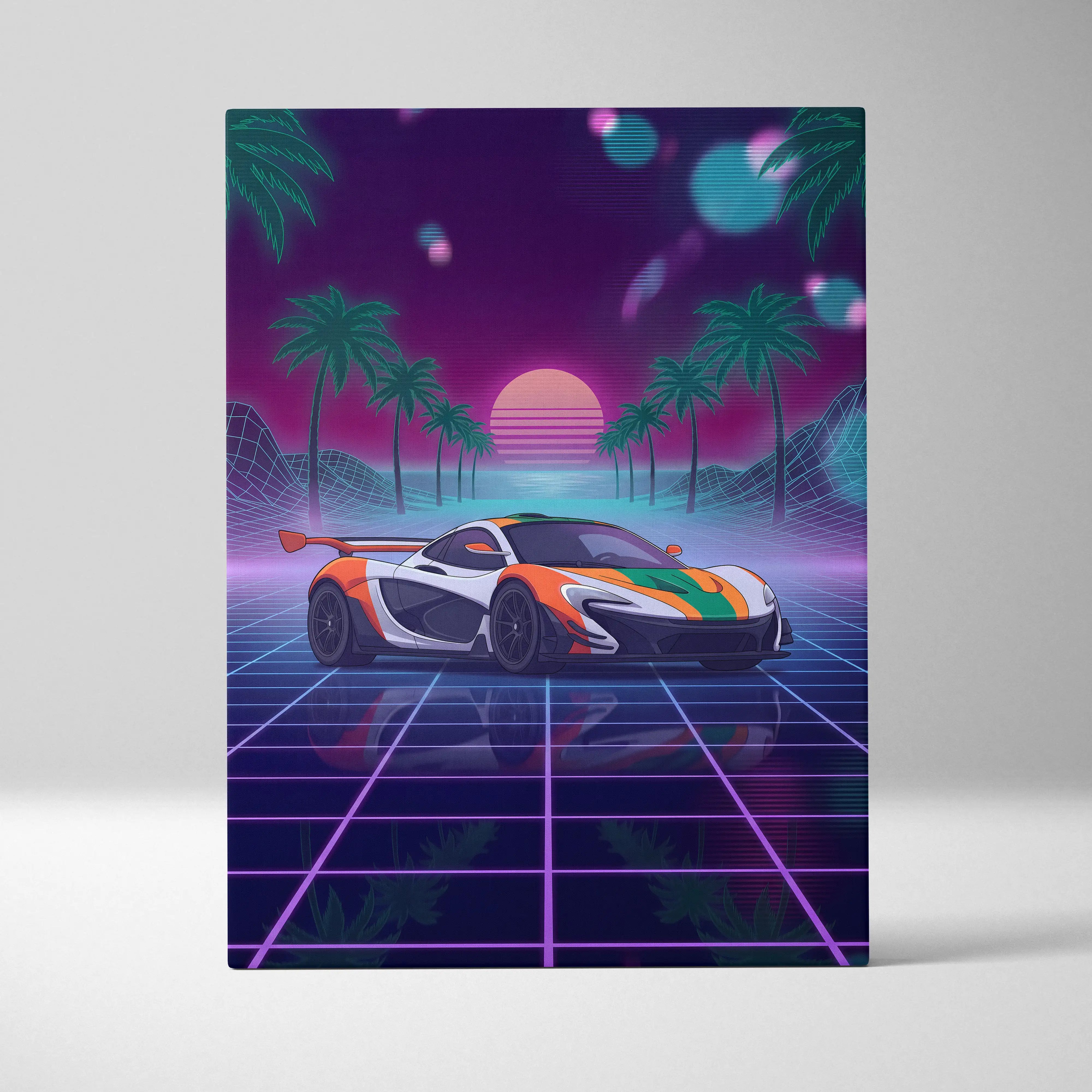 McLaren P1 Inspired Orange White Canvas Wall Art, Neon Vaporwave Supercar Artwork for Garage Decor