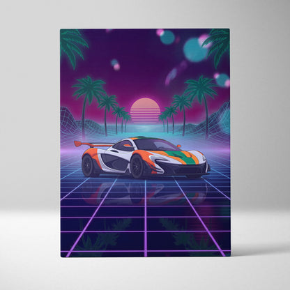 McLaren P1 Inspired Orange White Canvas Wall Art, Neon Vaporwave Supercar Artwork for Garage Decor