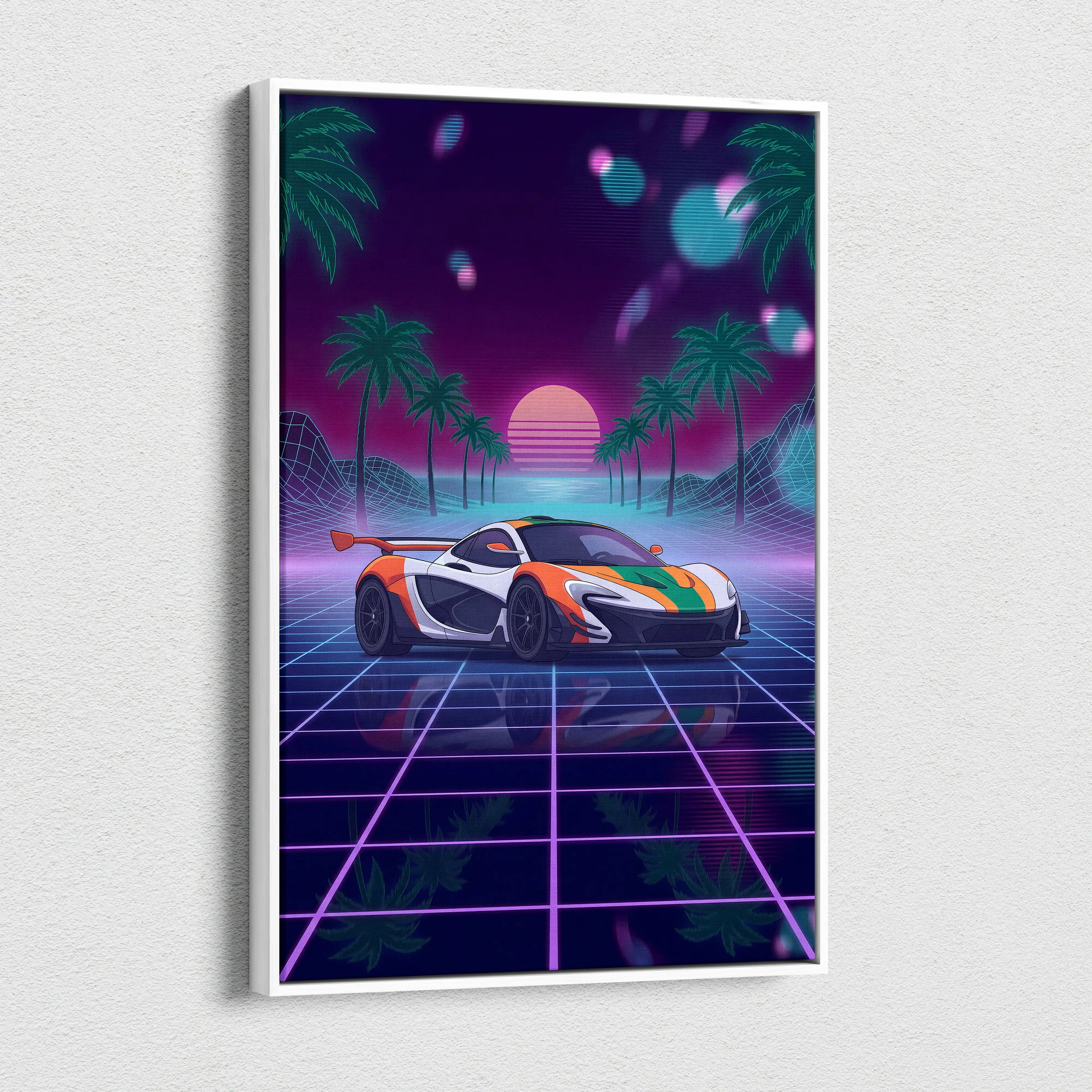 McLaren P1 Inspired Orange White Canvas Wall Art, Neon Vaporwave Supercar Artwork for Garage Decor